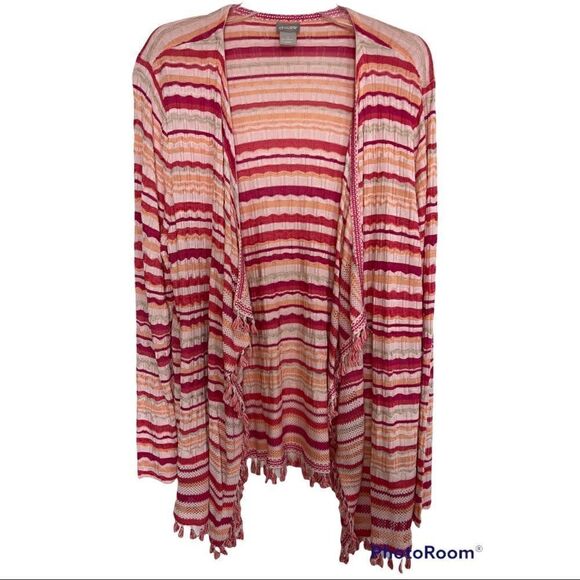 Chico’s Pink Wave Stripe Tassel Boho Open Front Cardigan Size XXL - Picture 4 of 12